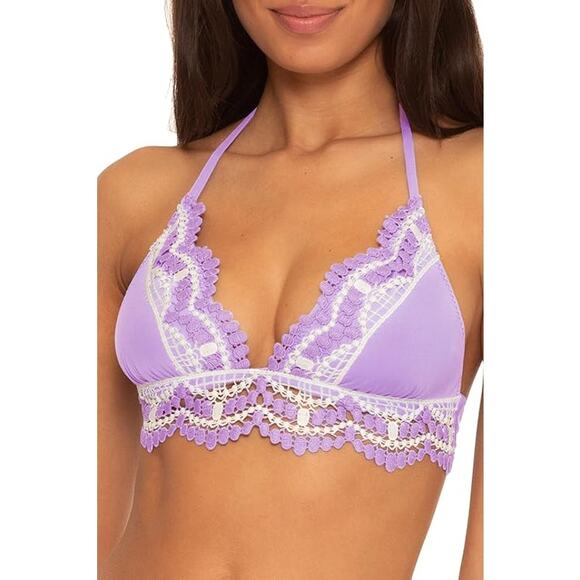 BECCA Iris Delilah Crochet Lace Trimmed Halter Adjustable Tie Back Bikini Top M - Picture 1 of 10